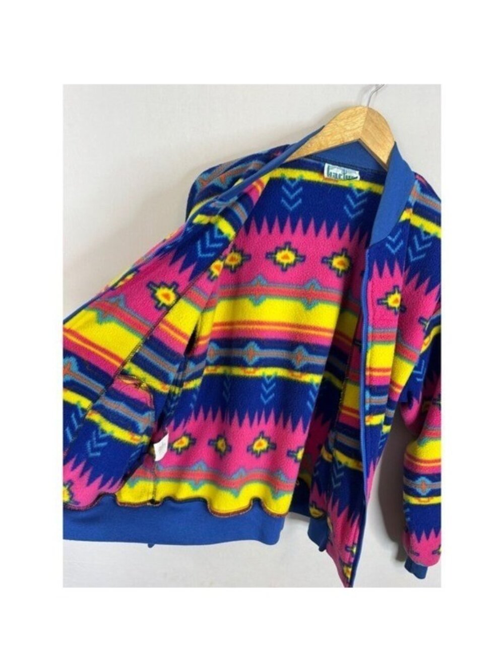 Vintage Kactus Fleece Bomber Jacket Southwestern Geometric Neon Blue Pink M - Picture 7 of 12
